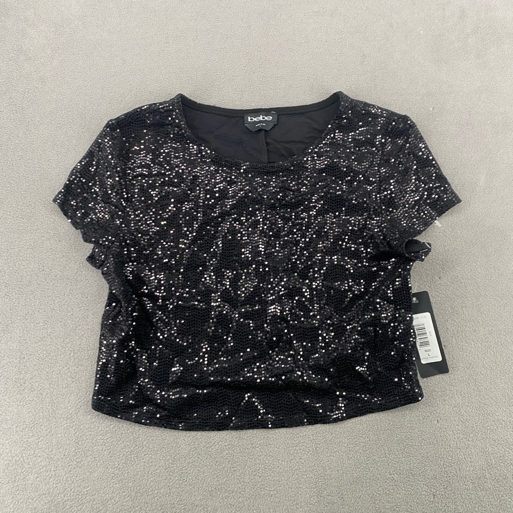 Bebe Black Sequin Crop Top Short Sleeve Y2K Party Blouse 703870D L